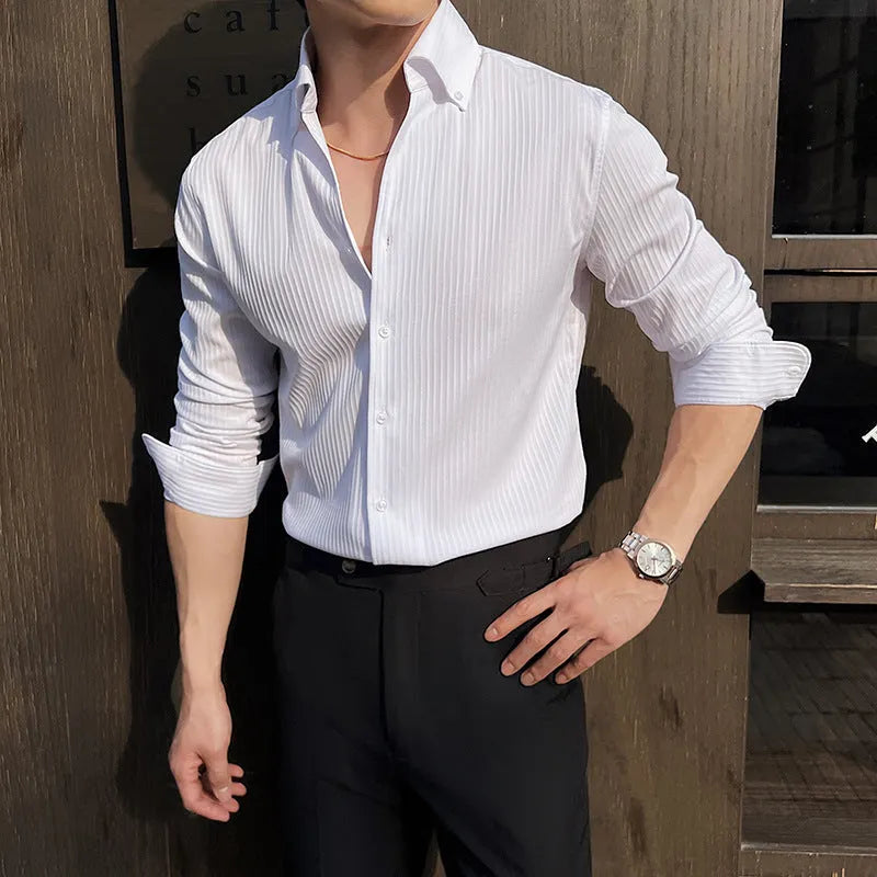 Men's dark stripes V-neck long sleeve casual shirt in cardigan style