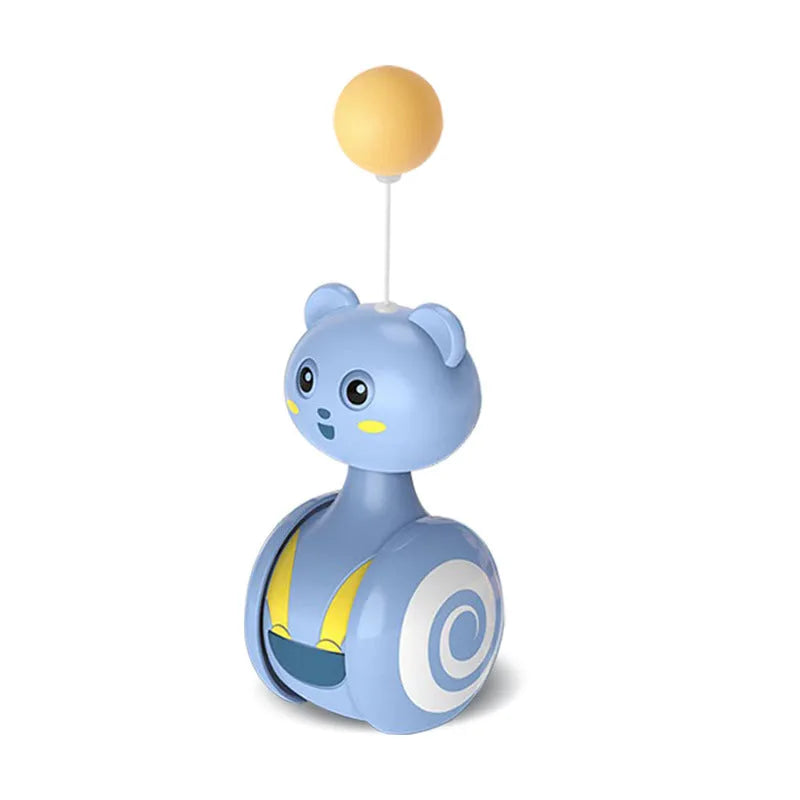 Cat interactive tumbler toy with rotating feather wand and ball attachments in pink or blue colours