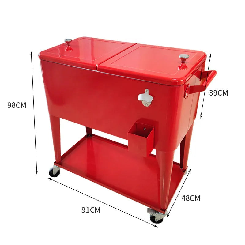 Red outdoor metal insulated trolley cooler box with 750ml capacity