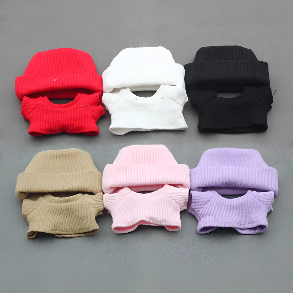 Knitted doll clothes set with flanging hat and T-shirt in white, brown, black, pink, purple and striped options