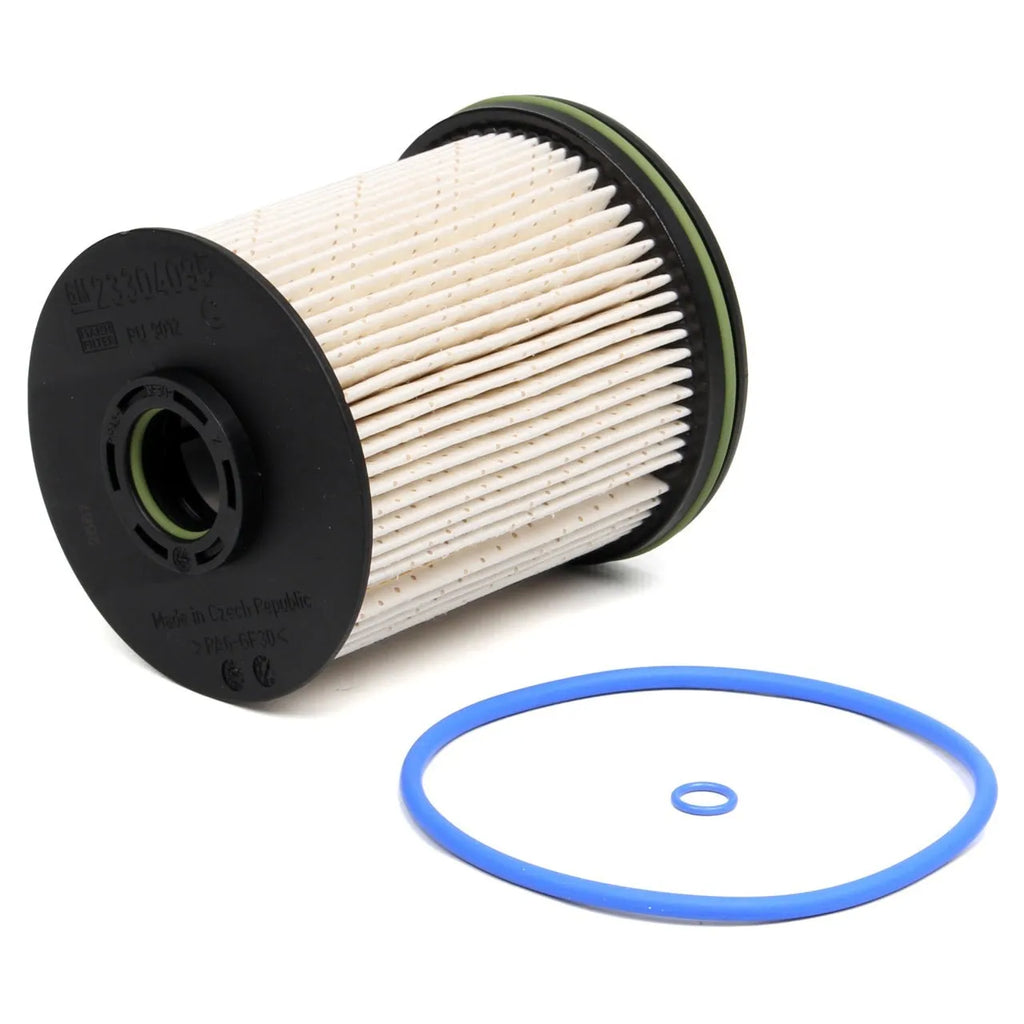 Vauxhall Opel Astra diesel fuel filter element with gasket, showing part numbers and dimensions.
