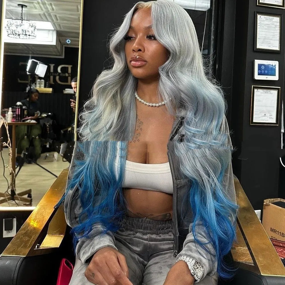Gradient grey blue headgear wig with human hair in Ruili style