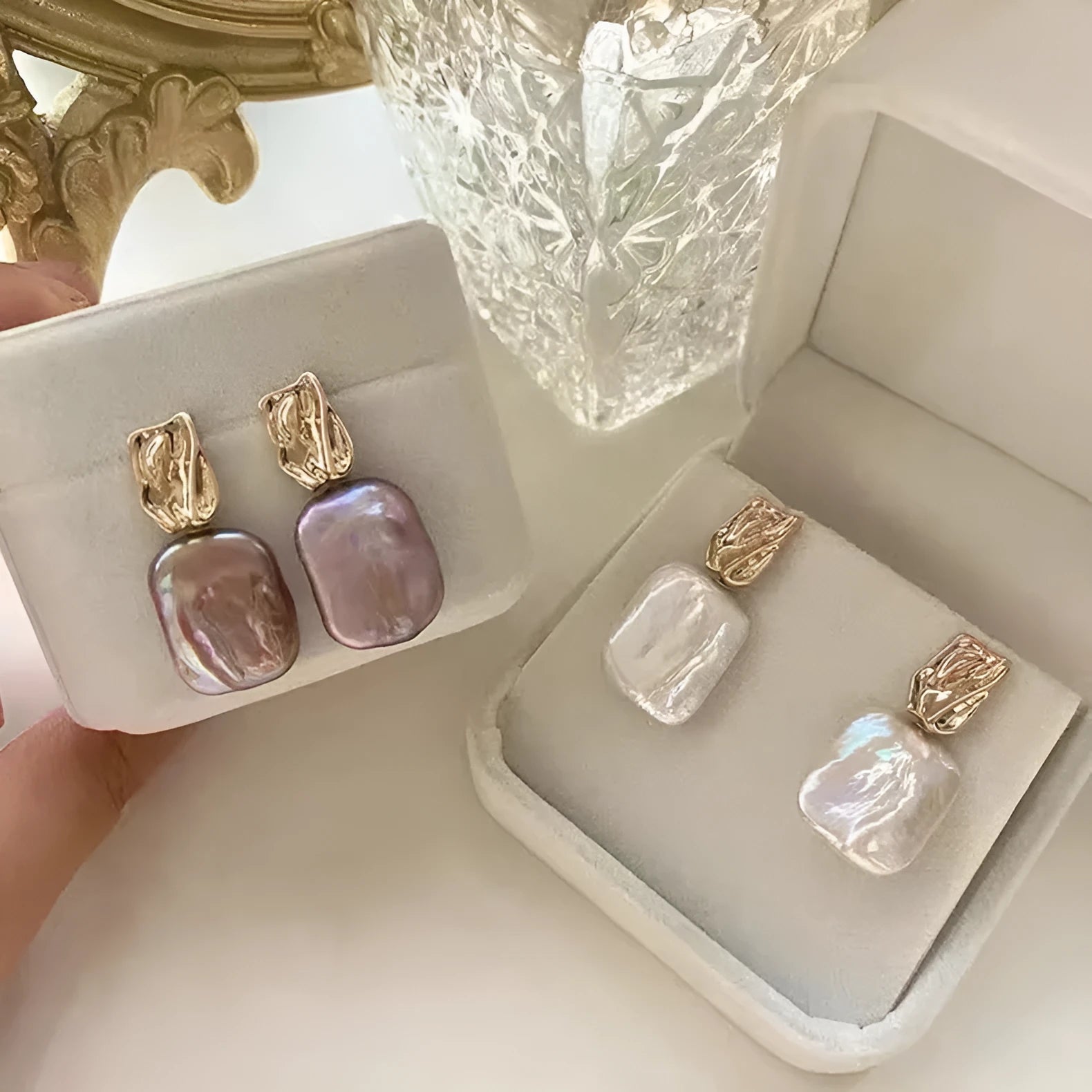 Natural freshwater pearl square stud earrings with geometric quadrilateral shape and alloy setting
