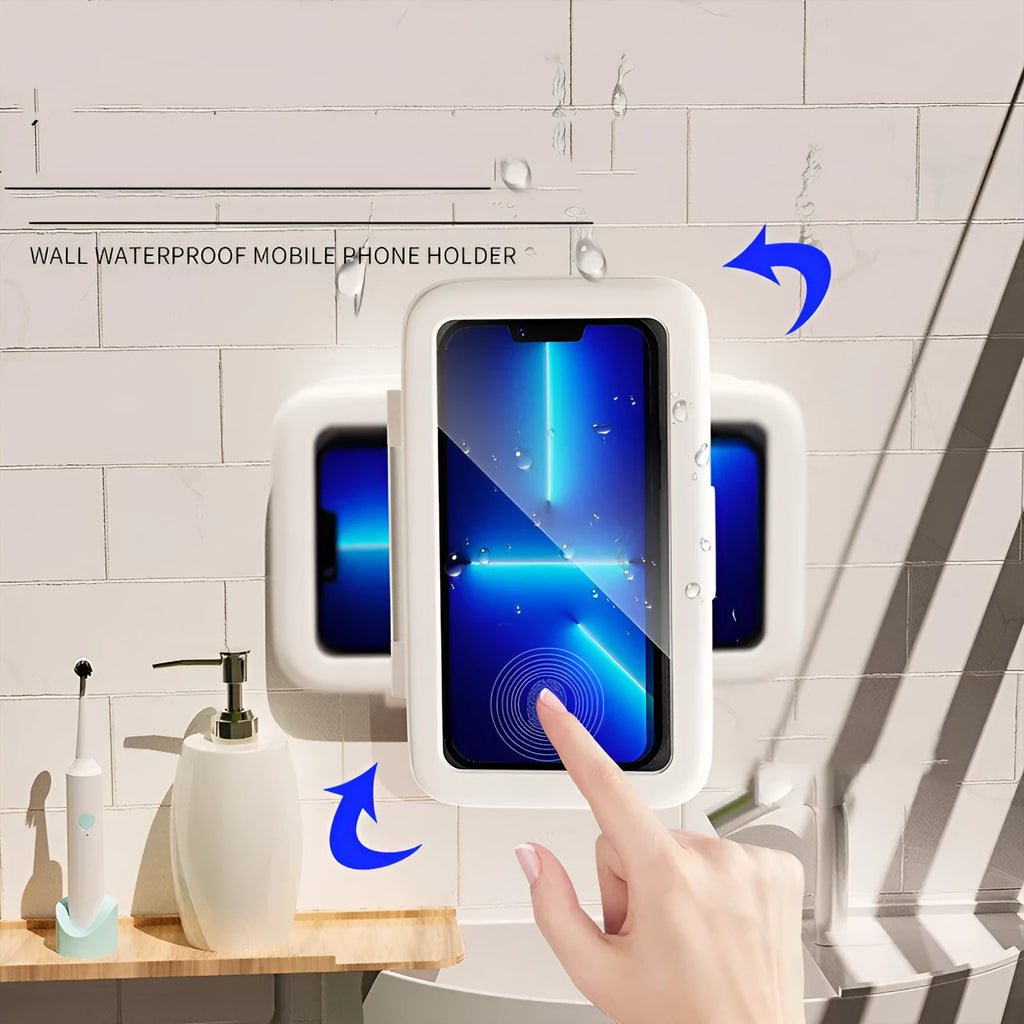 White waterproof phone holder mounted on bathroom tile showing phone inside with clear anti-fog window