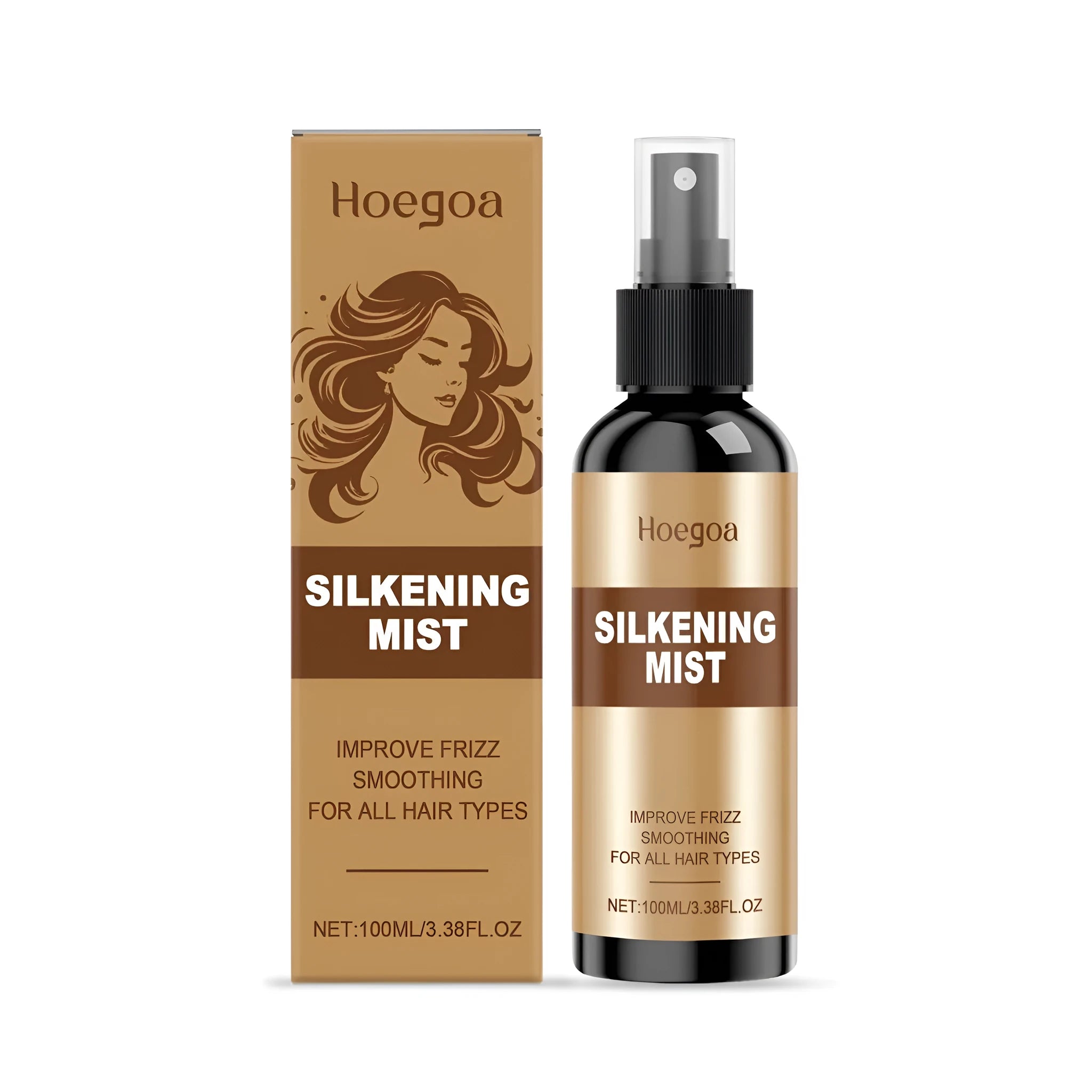 100ml bottle of clear hair care spray with a spray pump, labelled with ingredients.