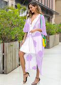 Light purple lace embroidery beach dress swimsuit cover-up on a hanger.