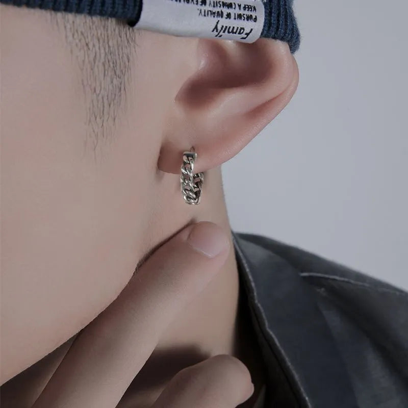 Men's geometric copper earring in silver, shown in single and pair configurations at 10mm and 14mm sizes.