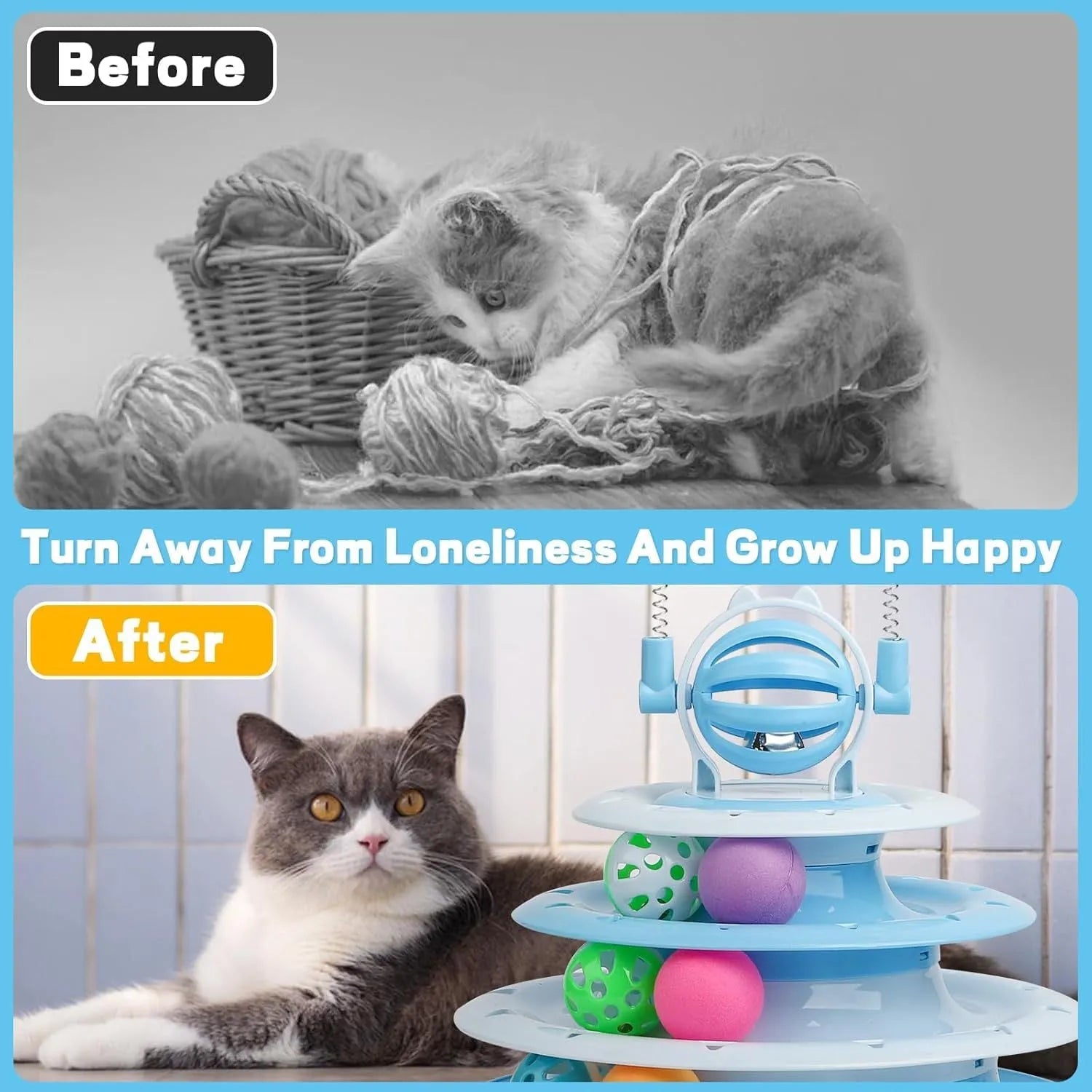 Blue 4-tier cat puzzle toy with 6 sliding balls and teasing rods on circular track