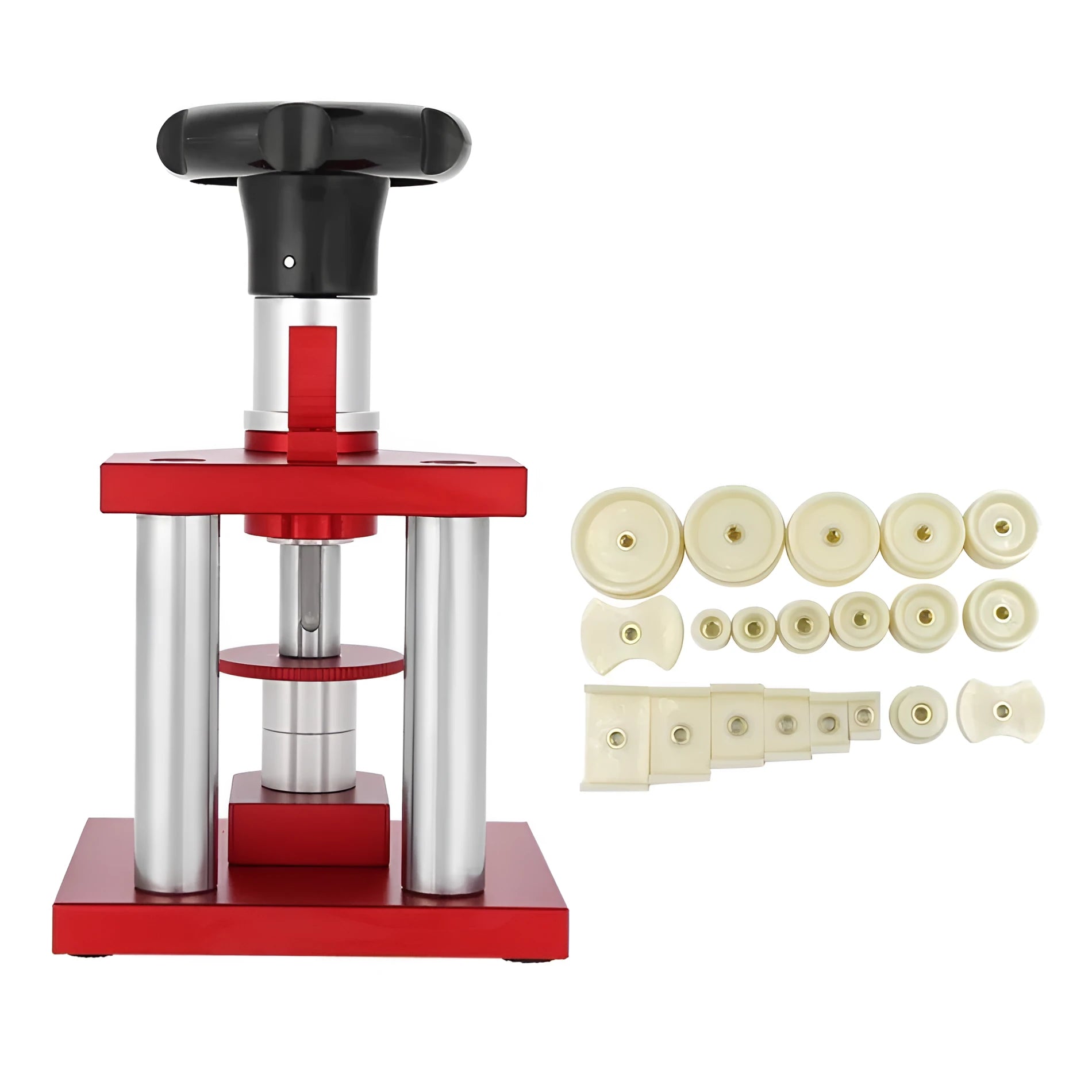 Watch repair spiral cap presser device with a set of 20 plastic moulds for watch backs.
