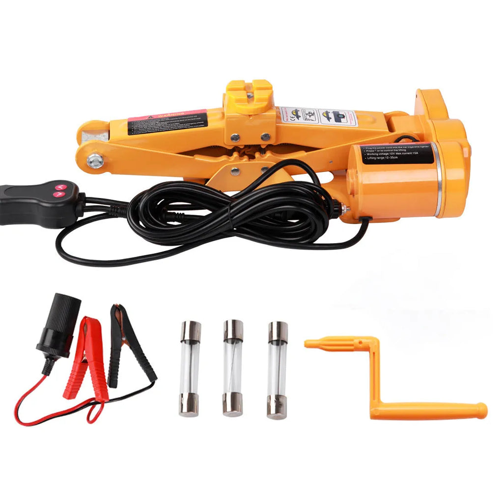 Vehicle-mounted electric hydraulic jack kit with a 2-tonne capacity on a grey background.