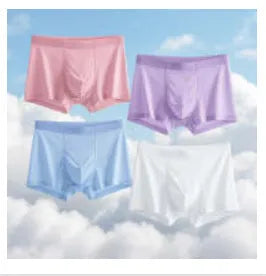 Men's ice silk boxer briefs in white, shown as breathable and seamless summer underwear.