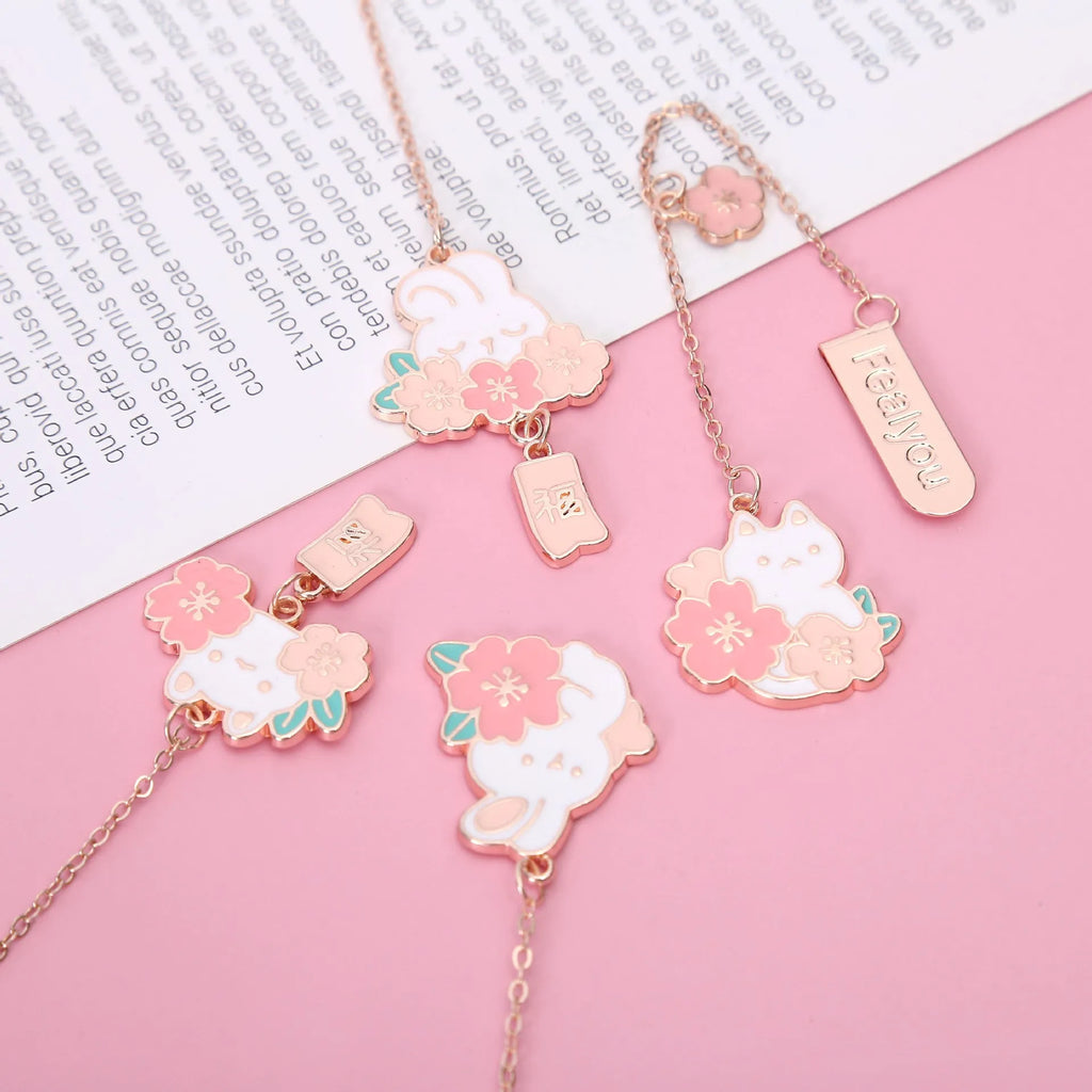 Metal pendant bookmark with cherry blossom cat design and sakura motifs