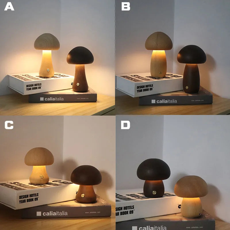 INS wooden mushroom LED night light with touch switch, walnut colour, on a bedside table