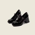 Women's retro black square toe chunky heel shoes with buckle closure and PU upper