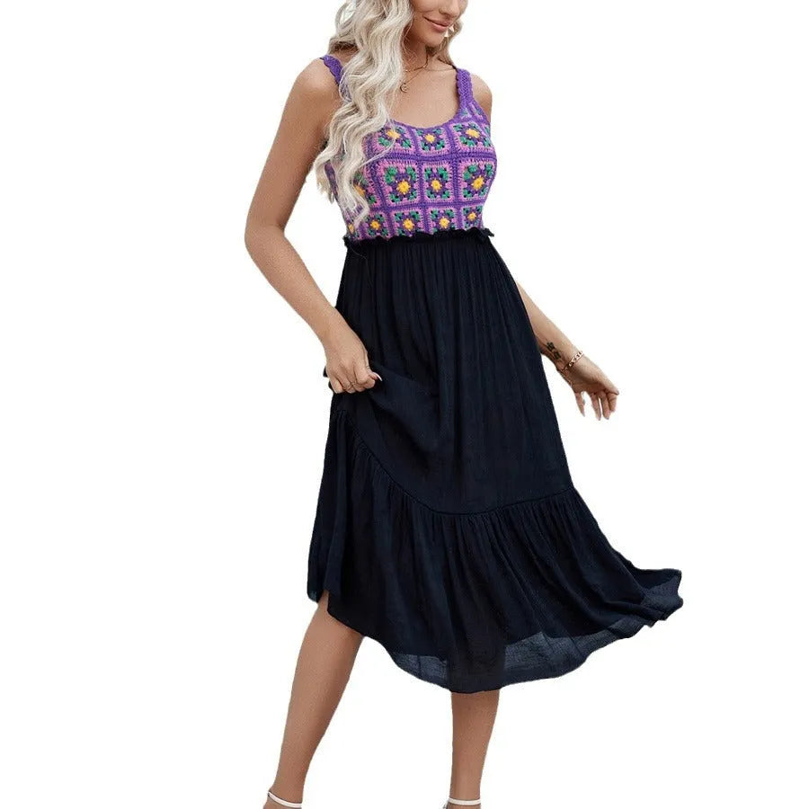 Purple sleeveless dress with hand-hooked flower stitching, floral pattern, and free size fit