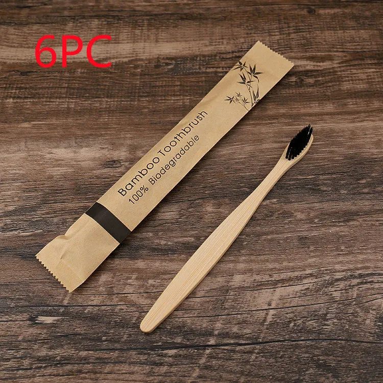 Set of 10 colourful bamboo toothbrushes with charcoal bristles for sustainable dental care