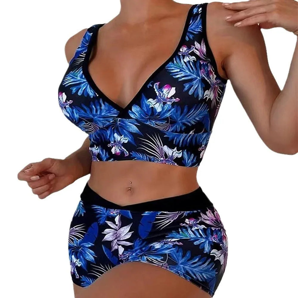 Women's two-piece swimsuit with printed boxer brief bottom and sleeveless top in multiple colour options