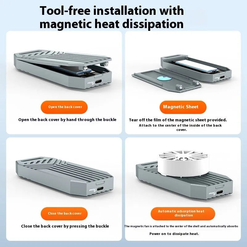 Silver and grey aluminium Thunderbolt 4 external SSD enclosure for M.2 drives, shown next to a cooling fan accessory.