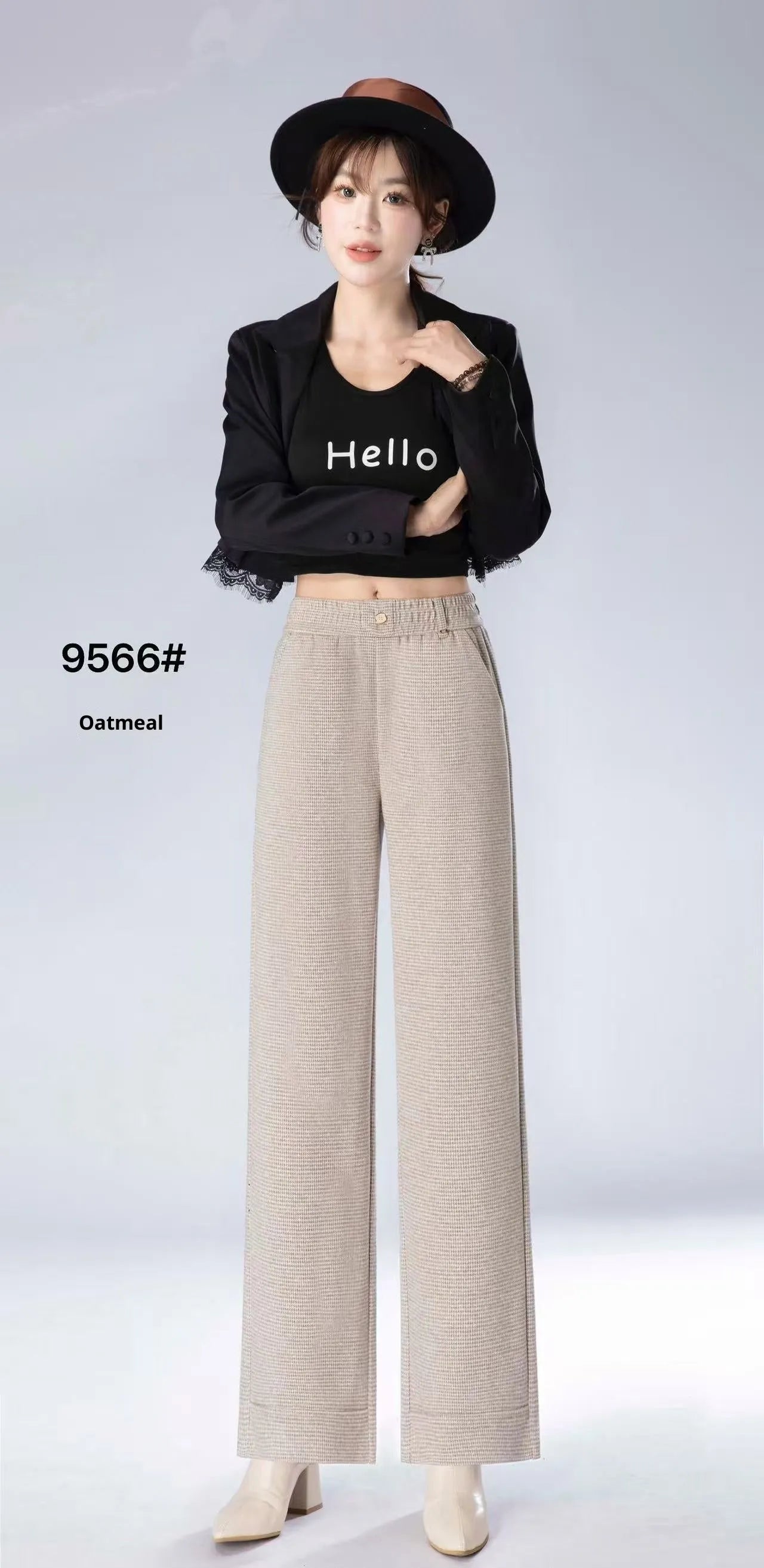 High waist loose straight pants in oatmeal colour with plaid pattern, wool and cashmere blend