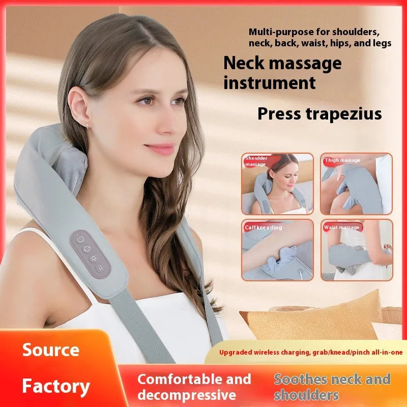Gray USB-rechargeable neck and back massager with elastic fabric, shown with charging cable.