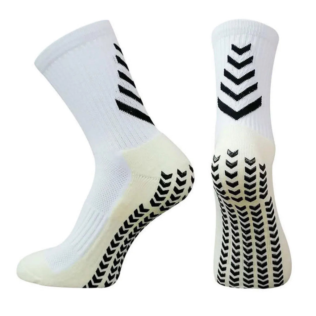 Men's mid-calf athletic socks with geometric patterns and non-slip silicone grips for football and running