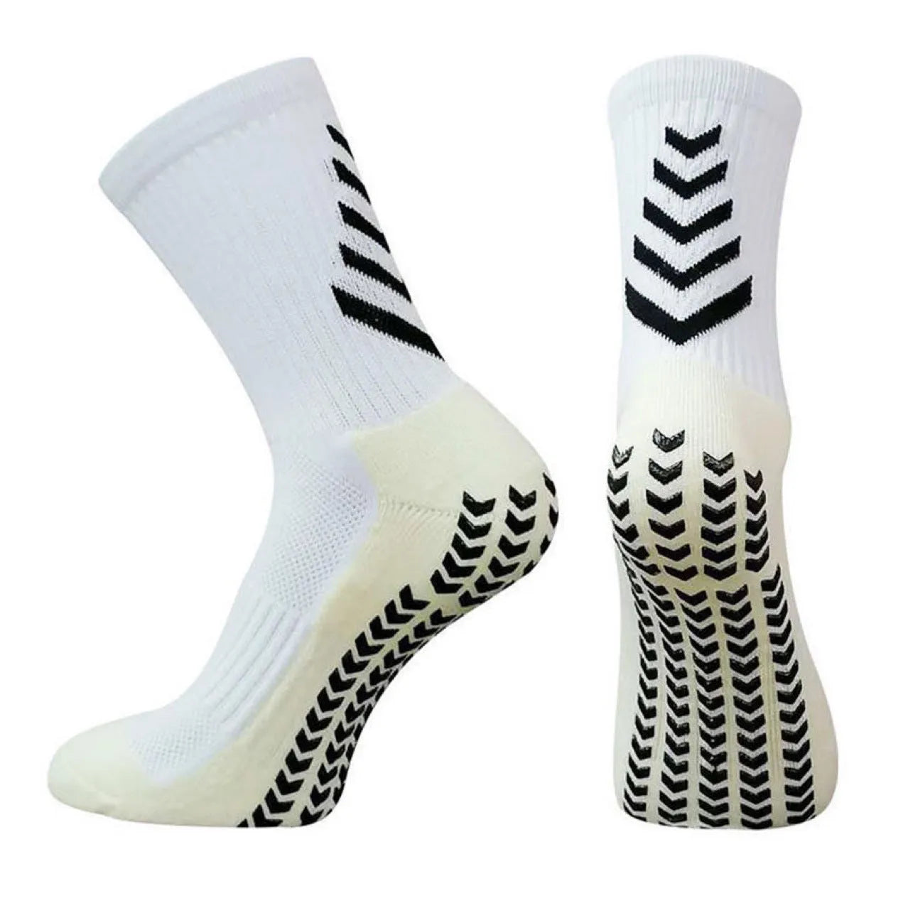 Men's mid-calf athletic socks with geometric patterns and non-slip silicone grips for football and running