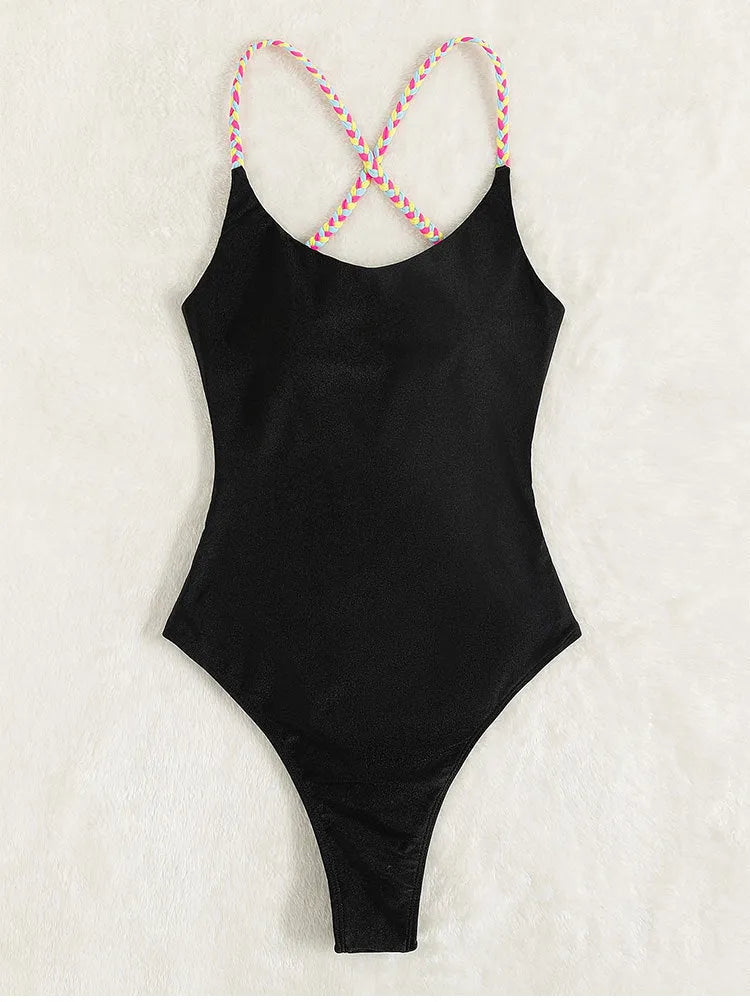 Black backless one-piece swimsuit for women with sleeveless design