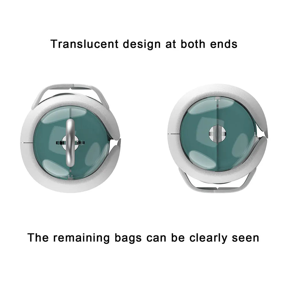 White and grey space capsule dog poop bag dispenser clipped to a leash with translucent ends showing bags inside