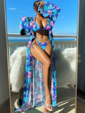 Split long sleeve banded bikini swimsuit set in a floral pattern with a matching outer robe.