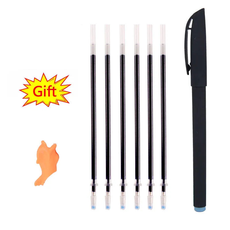 Children's magic calligraphy copybook set showing four coloured books, magic stylus pen, and refills with 3D slot writing design