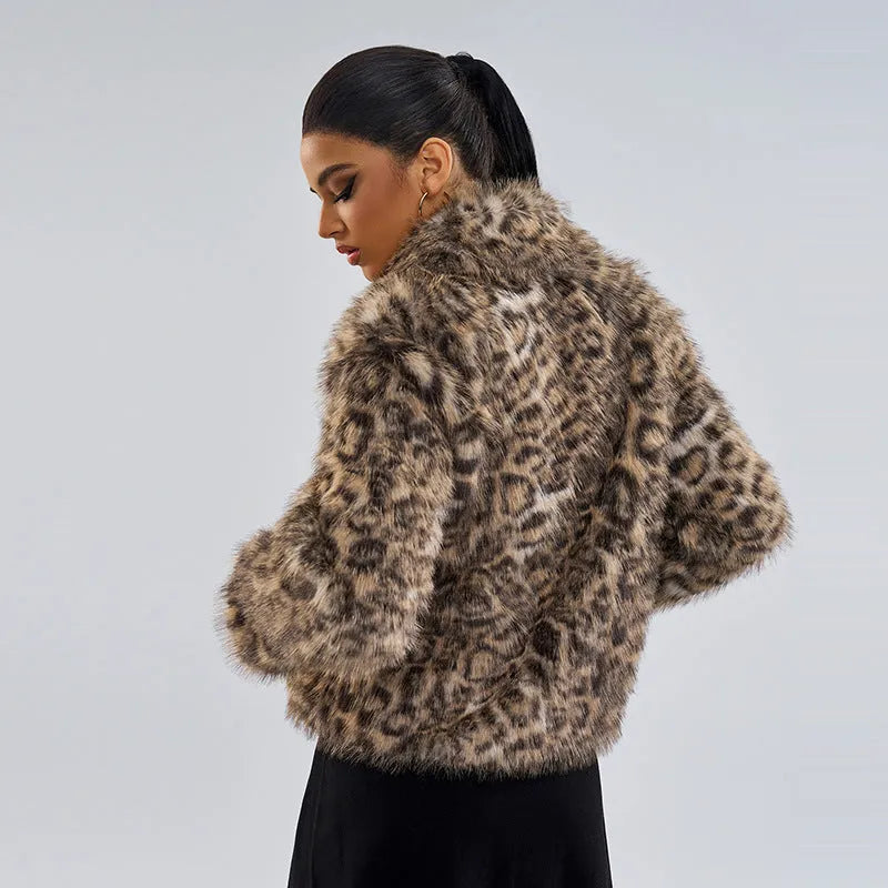 Women's leopard print street fashion coat with a buckle detail on the lapel