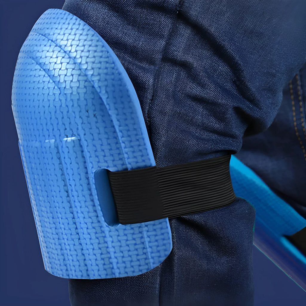 A pair of thick EVA foam kneepads in blue colour for construction and auto repair work.