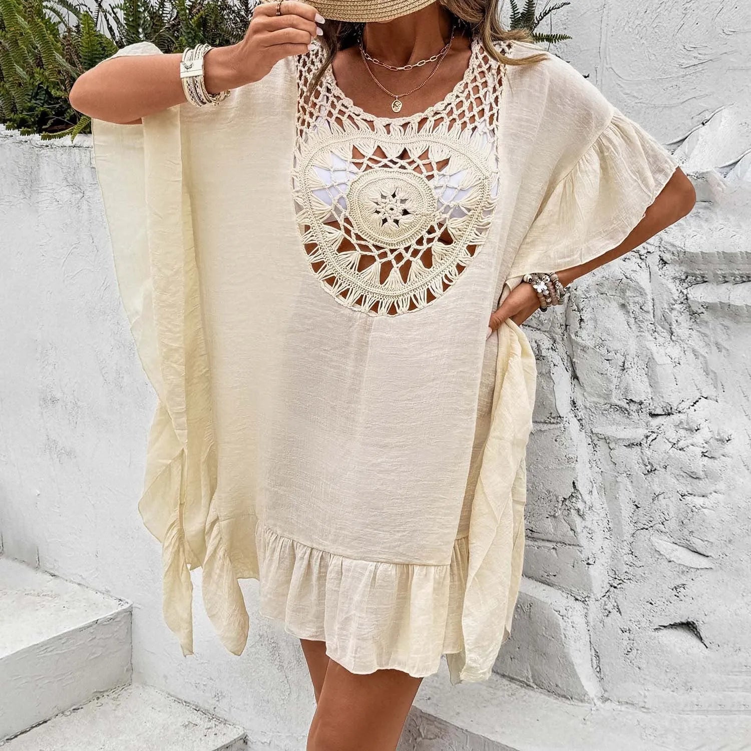 Beach crochet stitching dress swimsuit with patchwork skirt in apricot colour