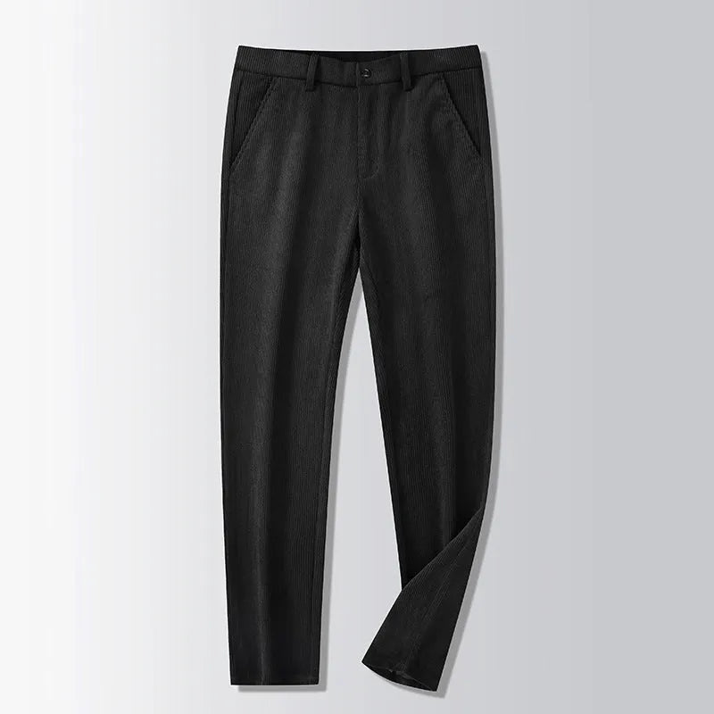 British retro striped straight-leg trousers in polyester blend fabric on size chart