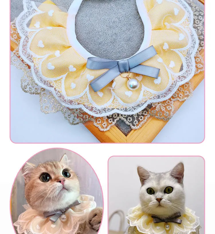 Yellow cotton polyester cat bib with lace trim, princess style, sizes XS S M L, lace and side lacing measurements shown.