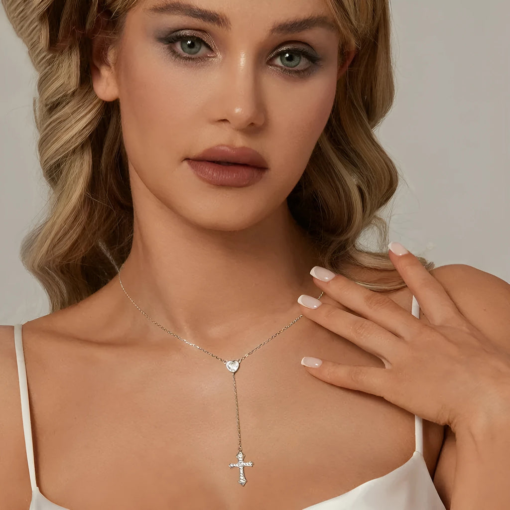 Simple V-neck love cross pendant on a silver O-link chain