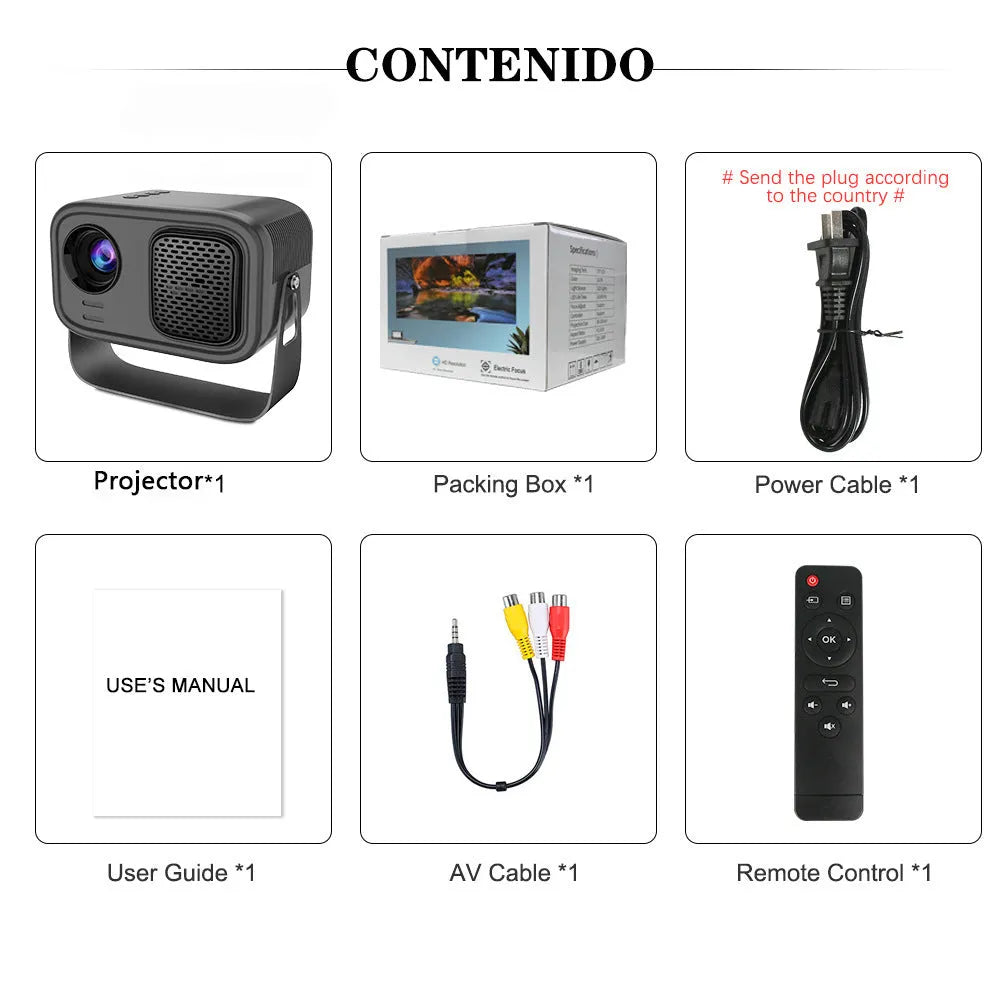 Black portable HD projector with remote control and international plug adapters