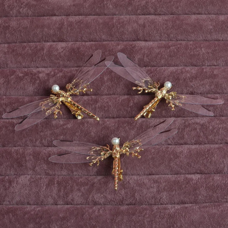 Golden dragonfly-shaped side clip headdress for women with electroplated alloy construction