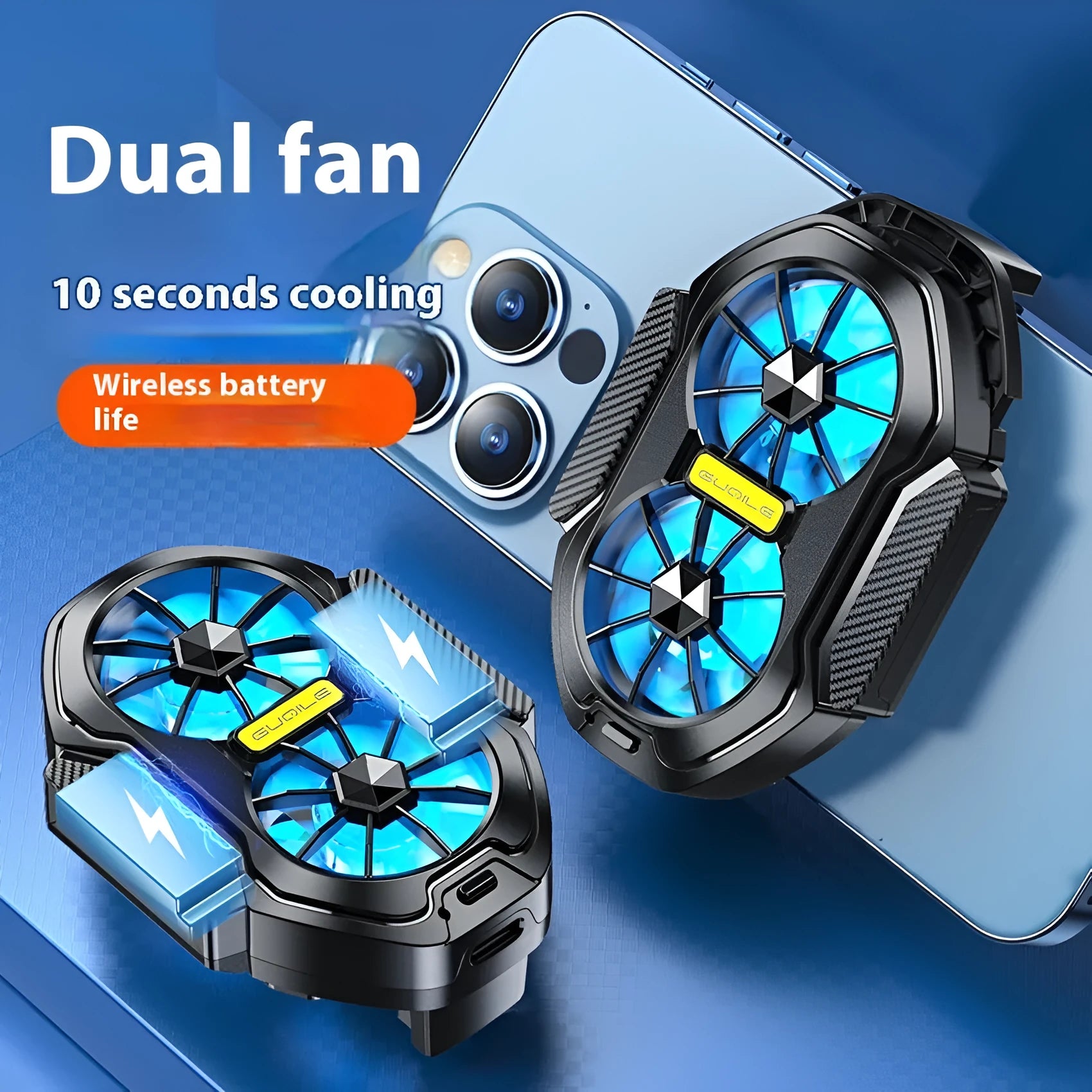 FS01 Twin Fan Air-cooled Charging Mobile Phone Radiator with built-in battery and adjustable clamp on a smartphone
