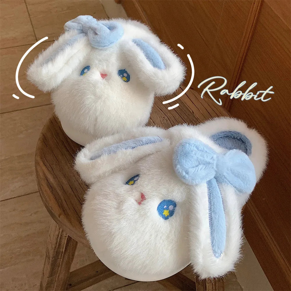 White autumn winter indoor slippers with soft EVA sole and platform heel, cartoon pattern, artificial wool lining.