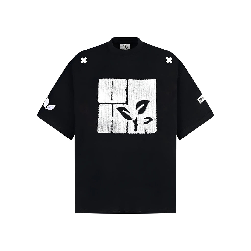 Men's cotton short sleeve T-shirt with embroidered letter pattern, loose pullover, black blue melange gray, sizes M L XL