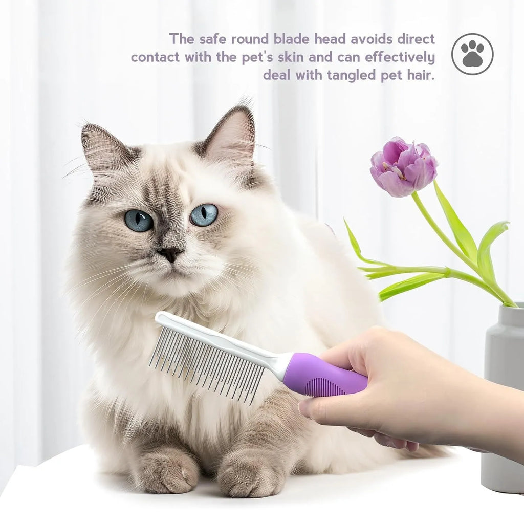 Purple pet grooming comb with stainless steel teeth on an ergonomic handle.