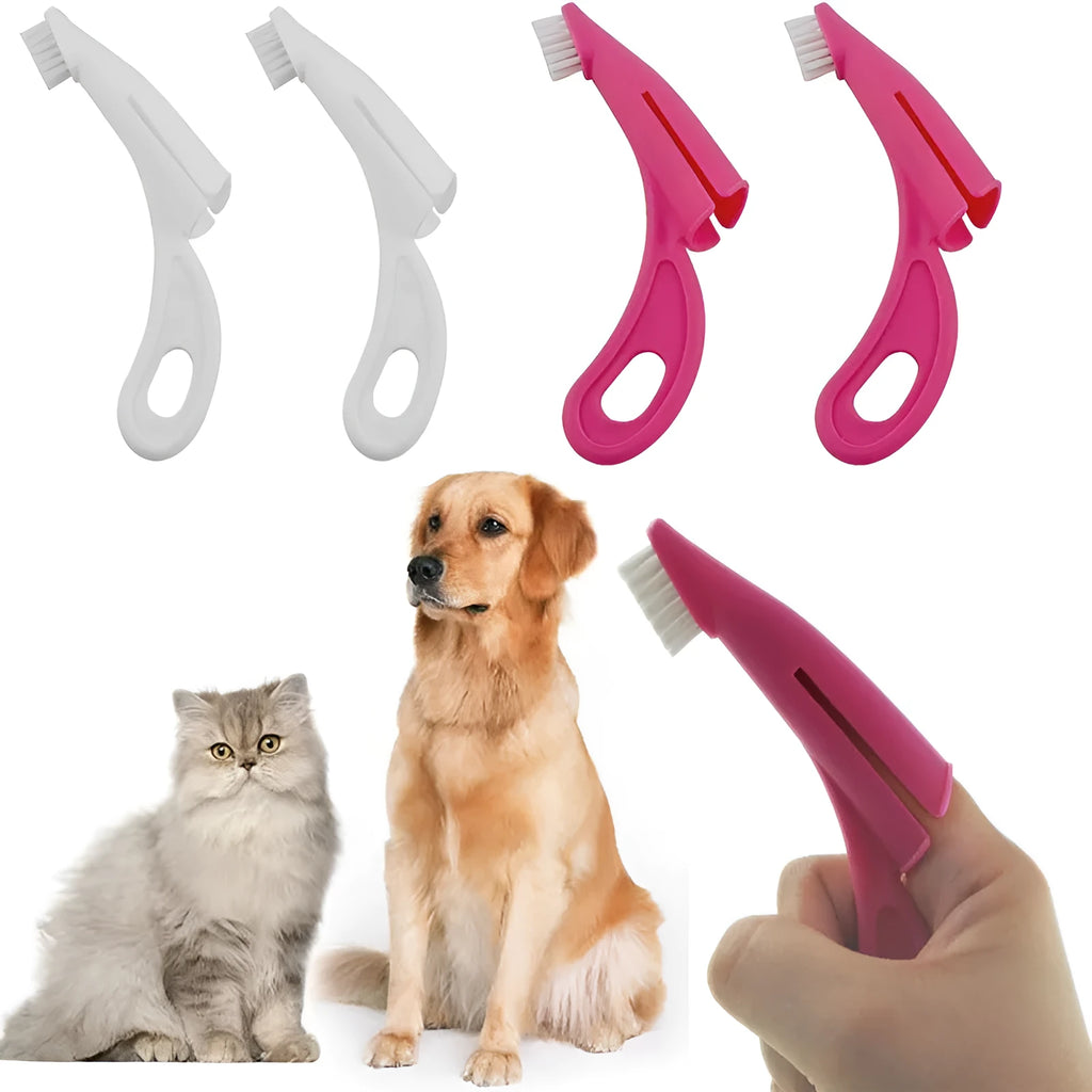 Red and white pet finger toothbrush with silicone bristles for cleaning dog and cat teeth