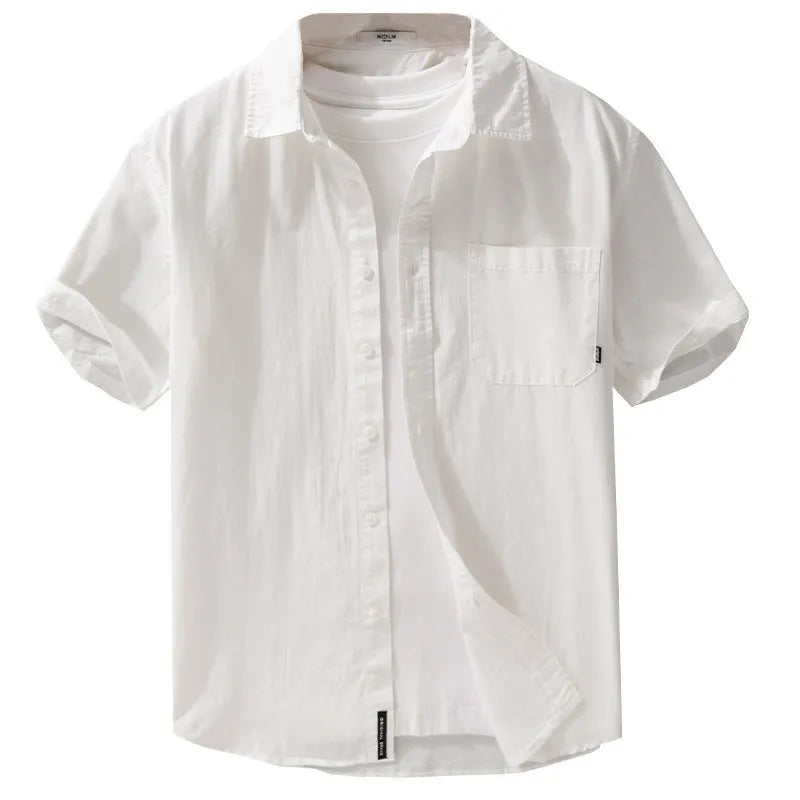 Men's loose fit pure cotton short sleeve shirt in cardigan style showing five colour options