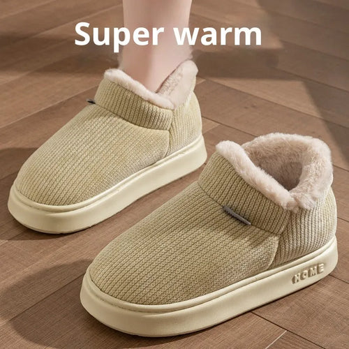 Ankle wrap cotton slippers in green with plush upper and EVA non-slip sole