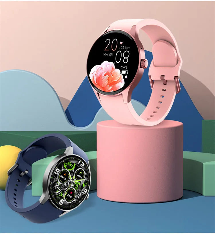 Black smartwatch with round 1.43 inch screen on a wrist, showing a fitness stats display.