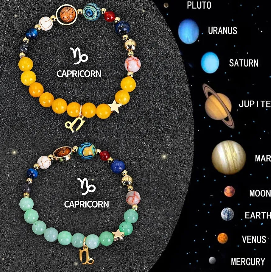 Set of twelve natural stone beaded bracelets, each representing a different zodiac sign.