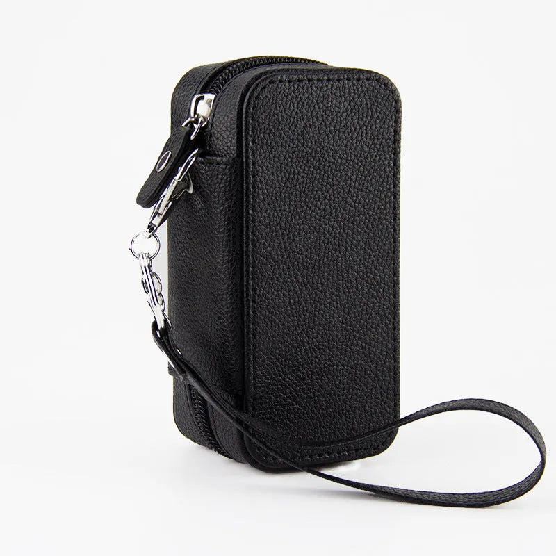 General-purpose lychee pattern leather storage bag, 13cm x 6.5cm x 5.3cm, in black with textured cover