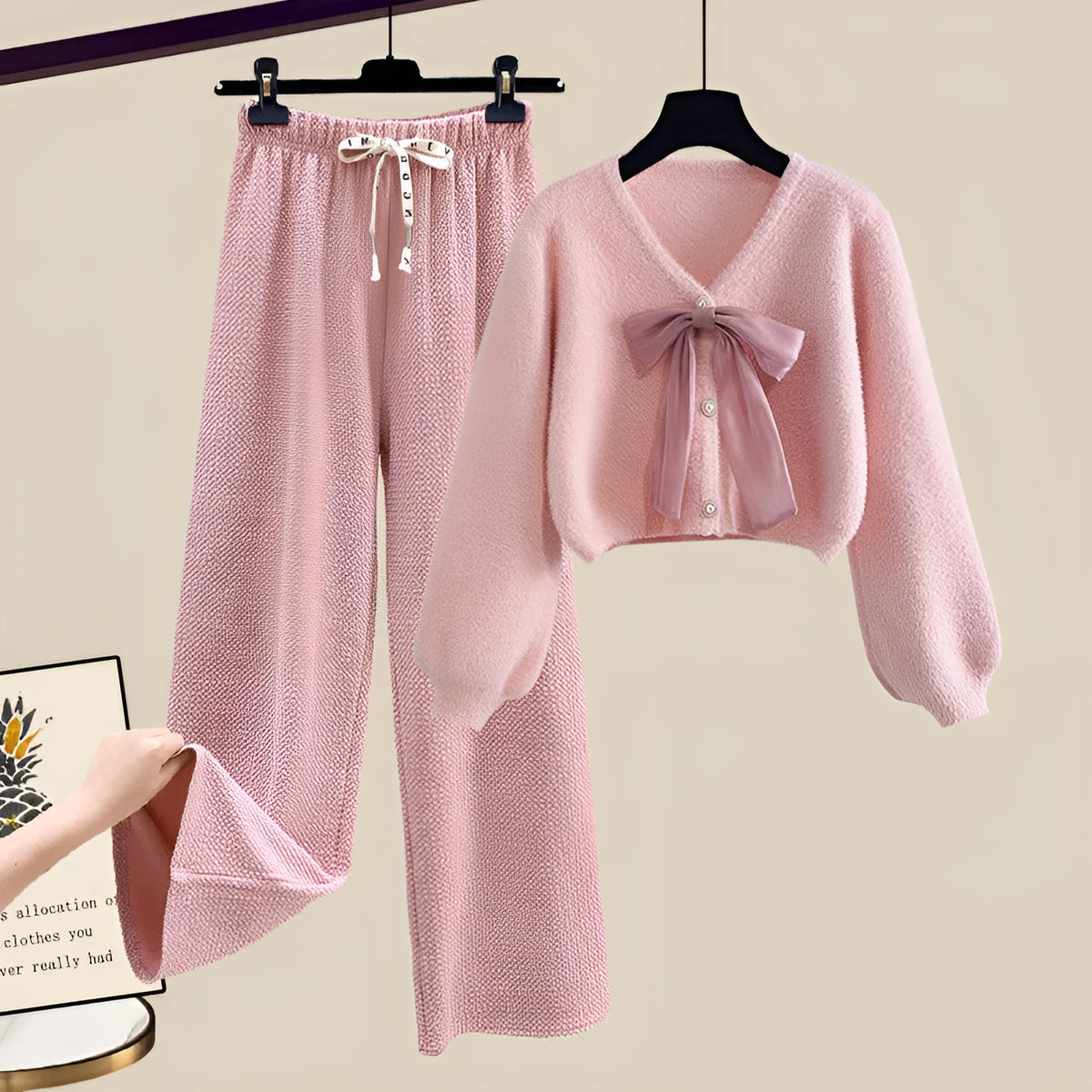 Women's Bow Cardigan Sweater and Wide-leg Pants Two-piece Set Long-sleeve Flight Sleeve Knit Trouser Suit Polyester Casual Commute Outfit Pink White Apricot Multiple Sizes M-4XL