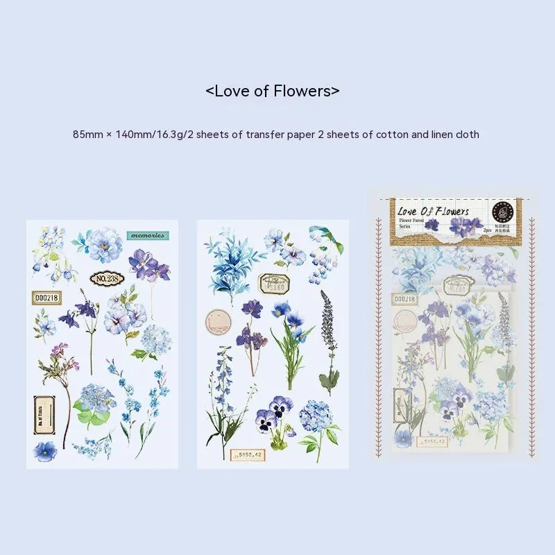 Huazhisen Series art sticker pack showing forest-themed label designs on transfer paper and cotton linen sheets.